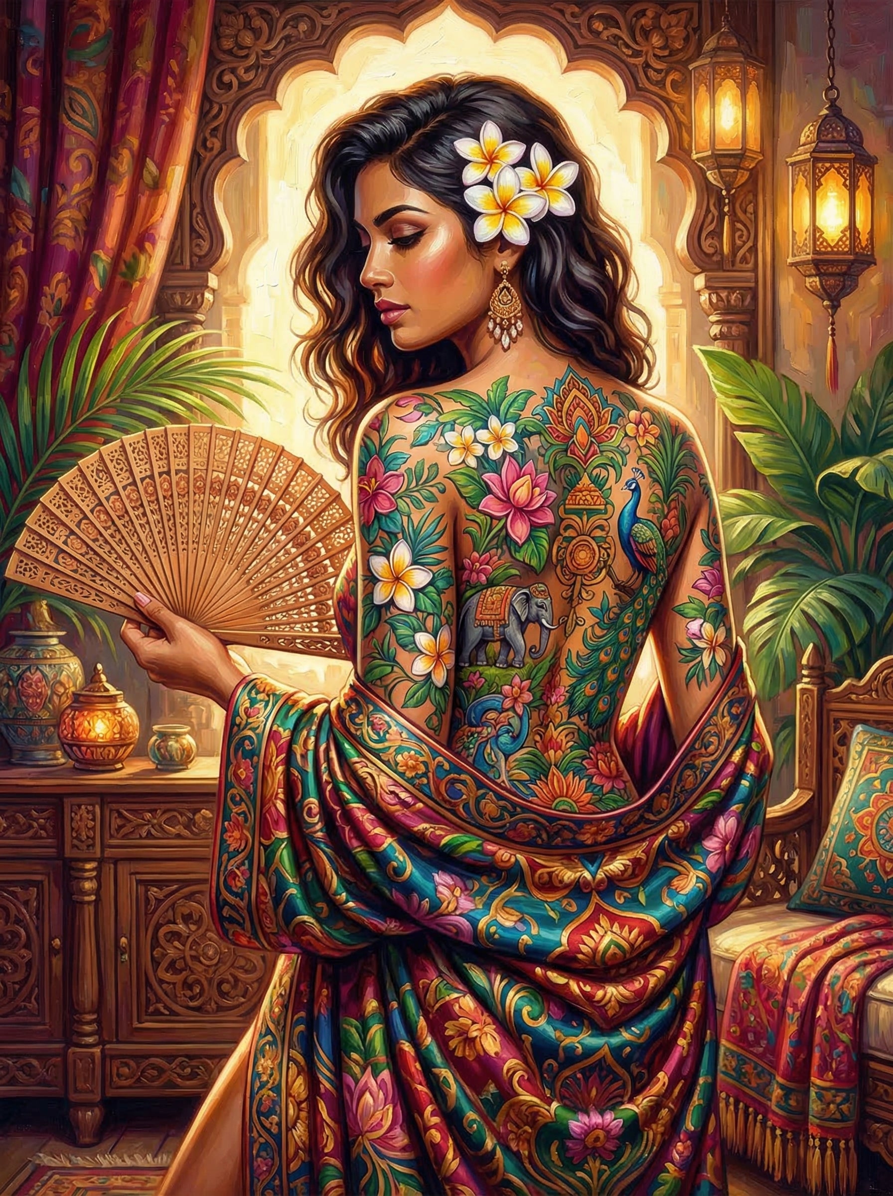 Indian Floral Tattoo Fan (100 Color Diamond Painting)