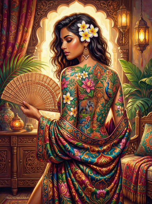 Indian Floral Tattoo Fan (100 Color Diamond Painting)