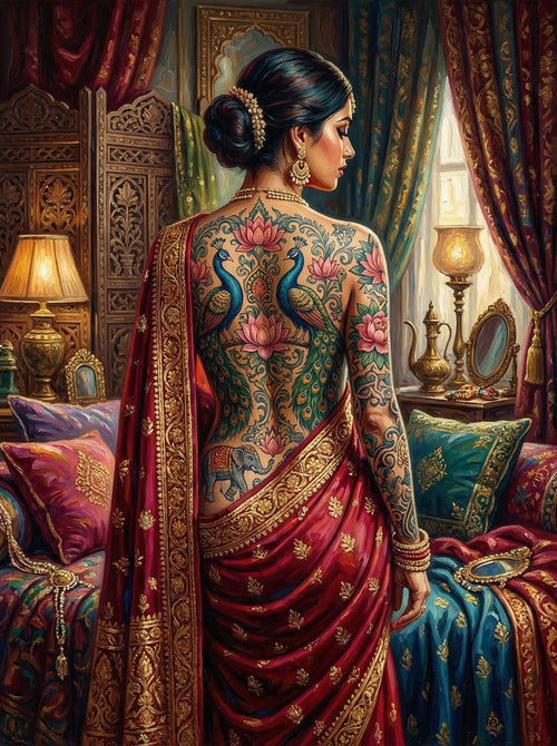 Indian Peacock Tattoo Boudoir (100 Color Diamond Painting)