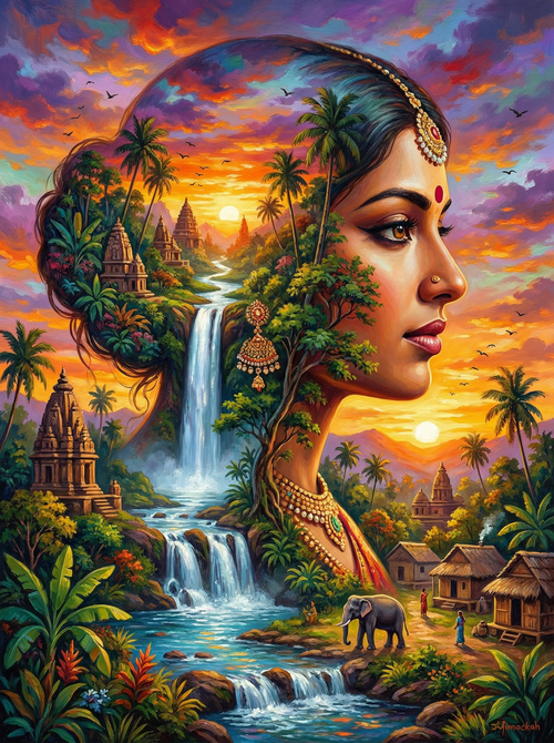 Indian Temple Waterfall Portrait (100 Color Diamond Painting) Diamond Painting kit