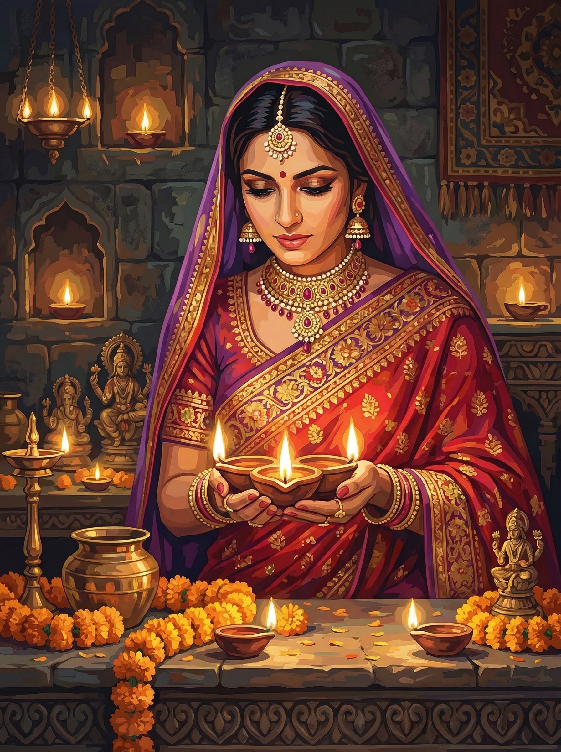 Indian Woman Diwali Candles (100 Color Diamond Painting) Diamond Painting kit
