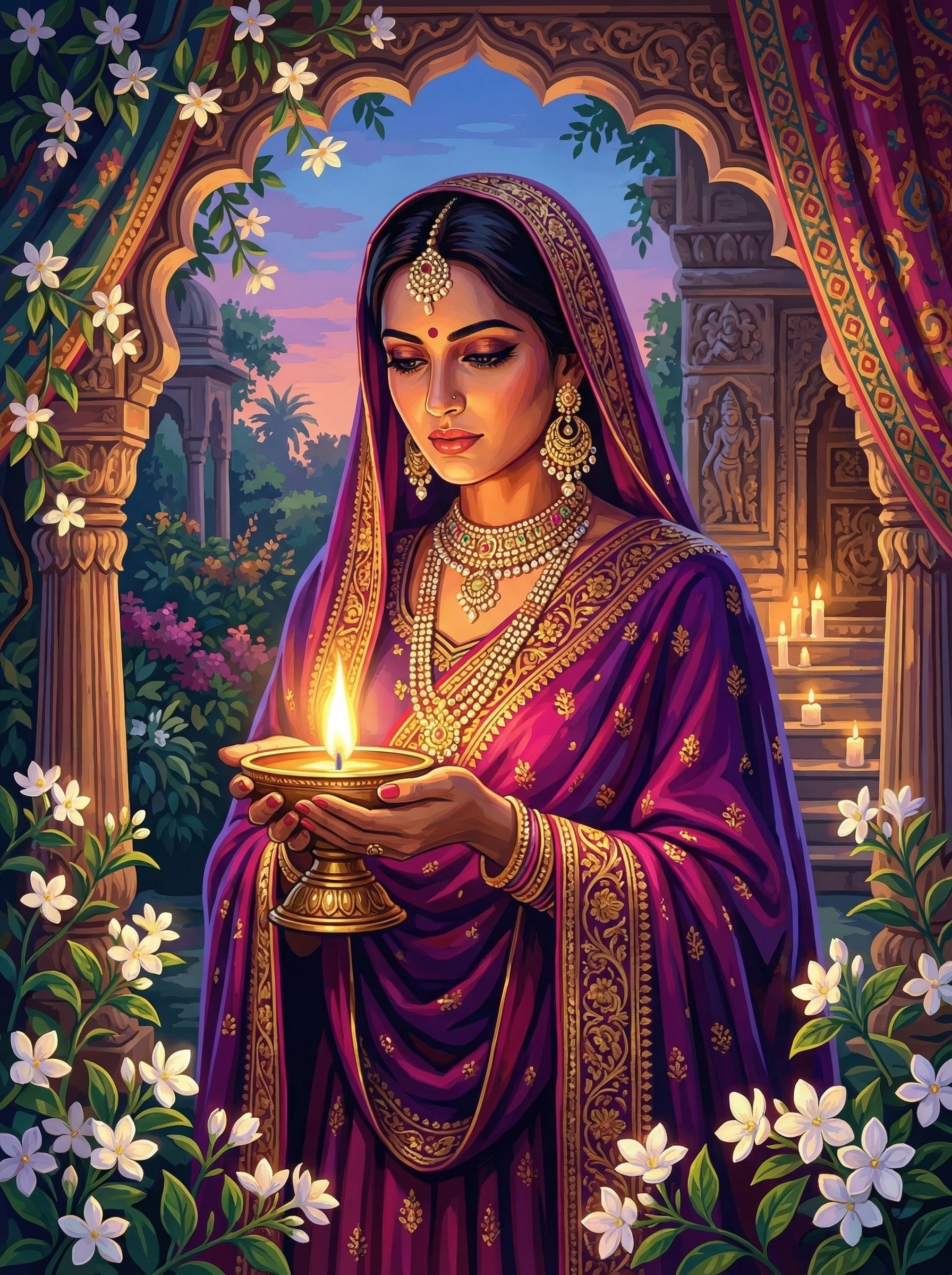 Indian Woman Diwali Lamp Palace (100 Color Diamond Painting)