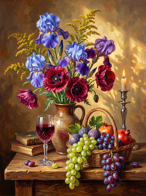 Iris Poppy Still Life Wine (Diamond Painting)