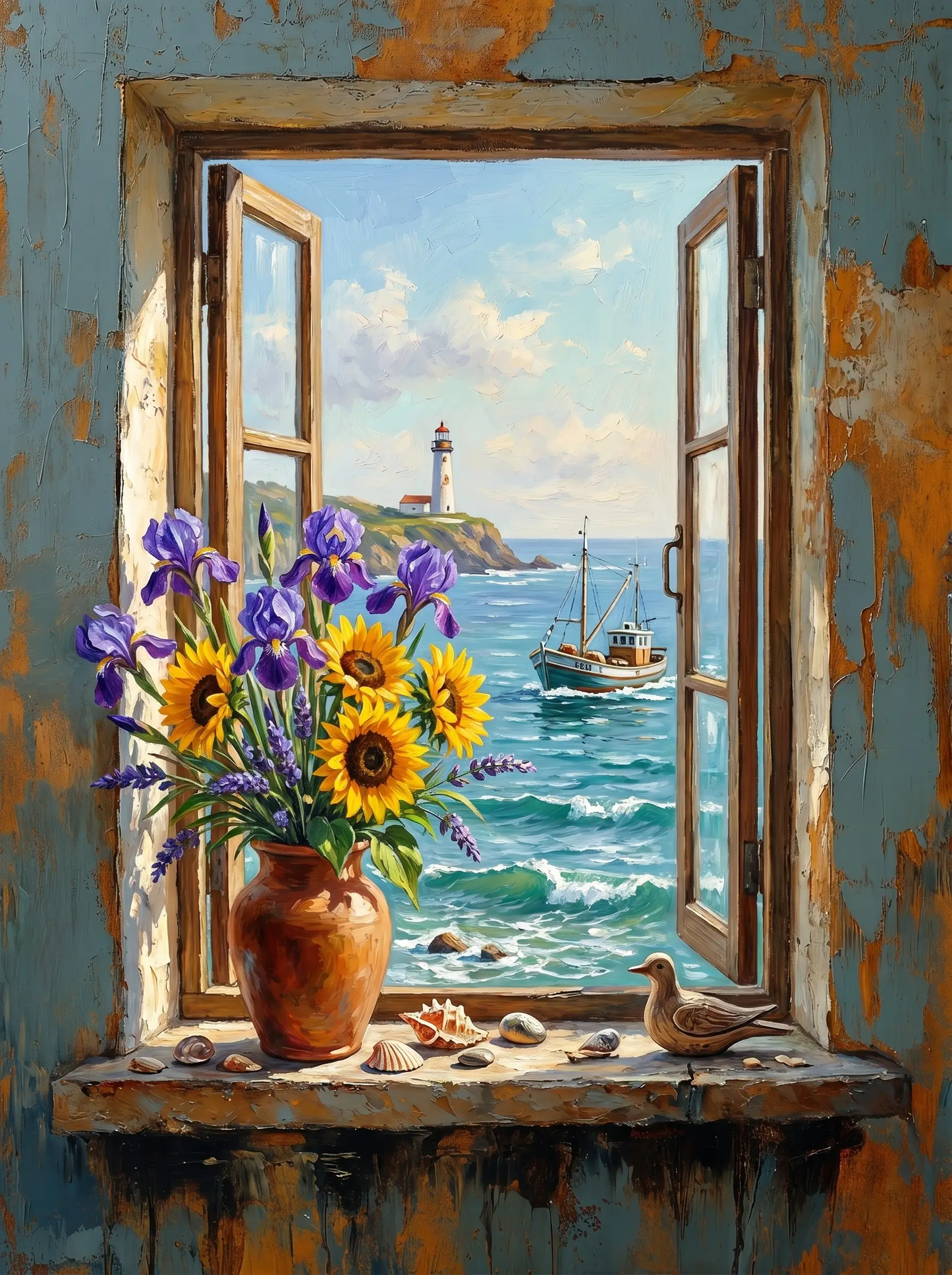 Iris Sunflower Jug Lighthouse Window (Diamond Painting)