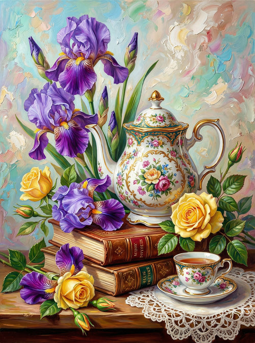 Iris Teapot And Roses (100 Color Diamond Painting)