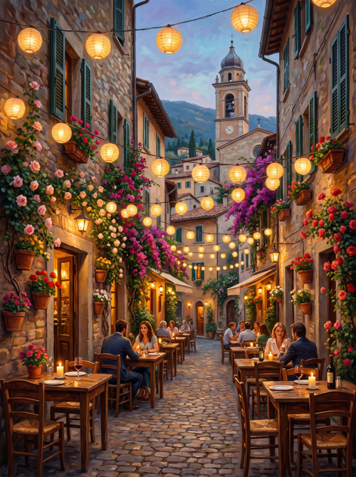 Italian Alley Cafe Lanterns Evening