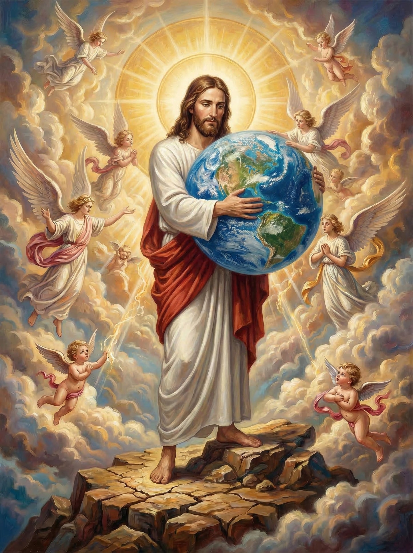 Jesus With Earth And Angels (100 Color Diamond Painting)