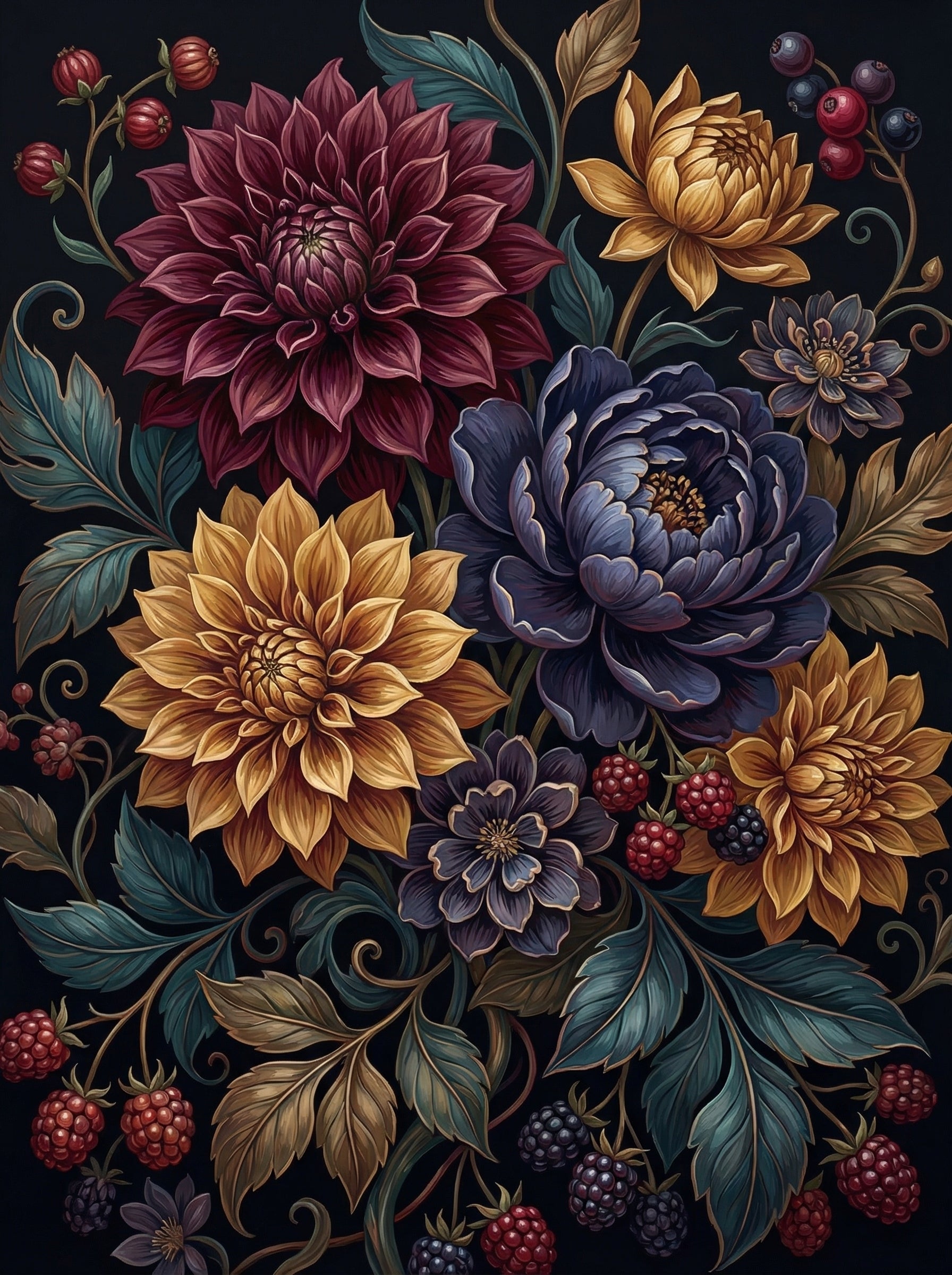Jeweled Dahlias And Berries (Diamond Painting)