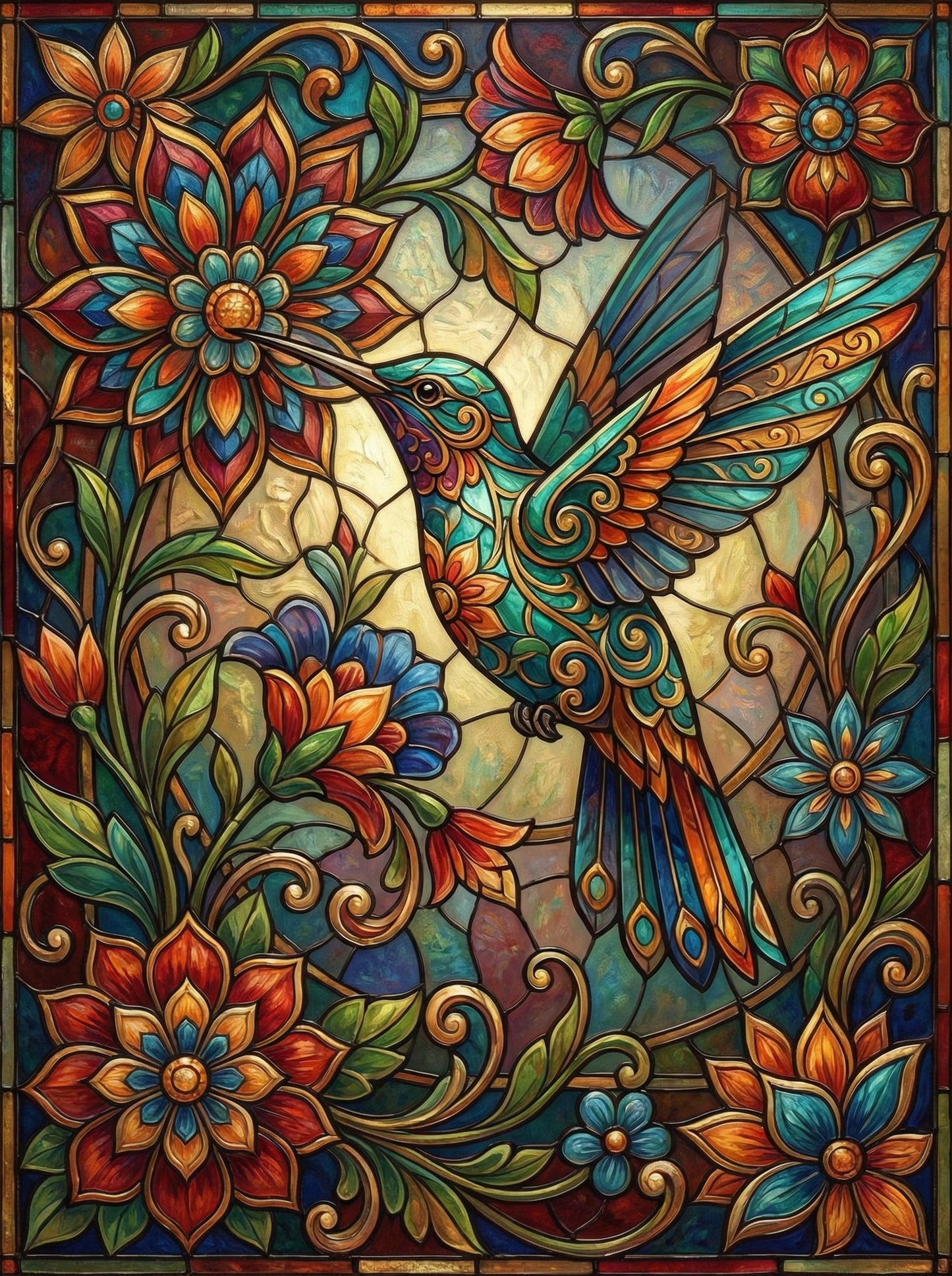Stained Glass Hummingbird Blooms (100 Color Diamond Painting)