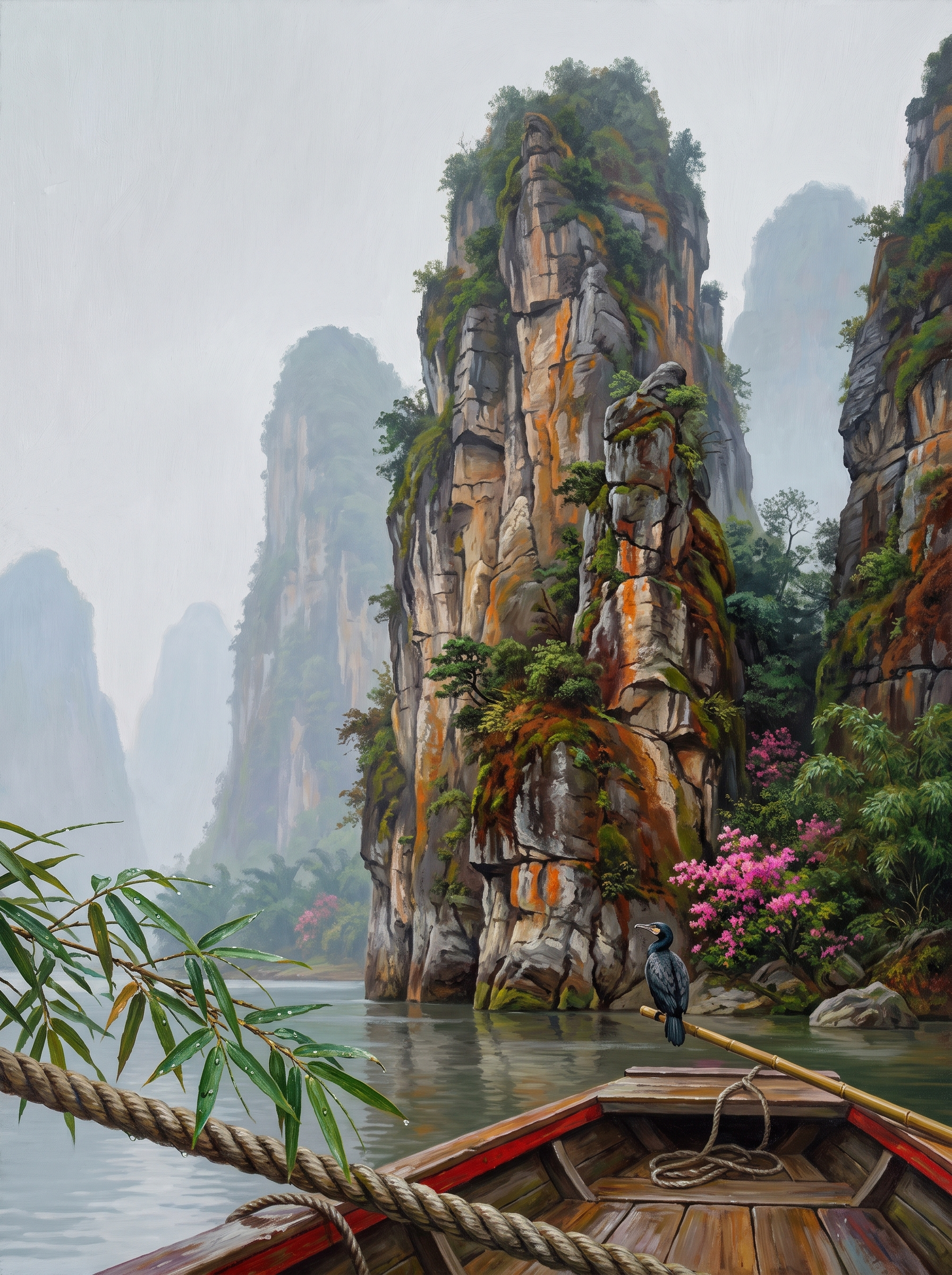 Karst Pillars in River Fog