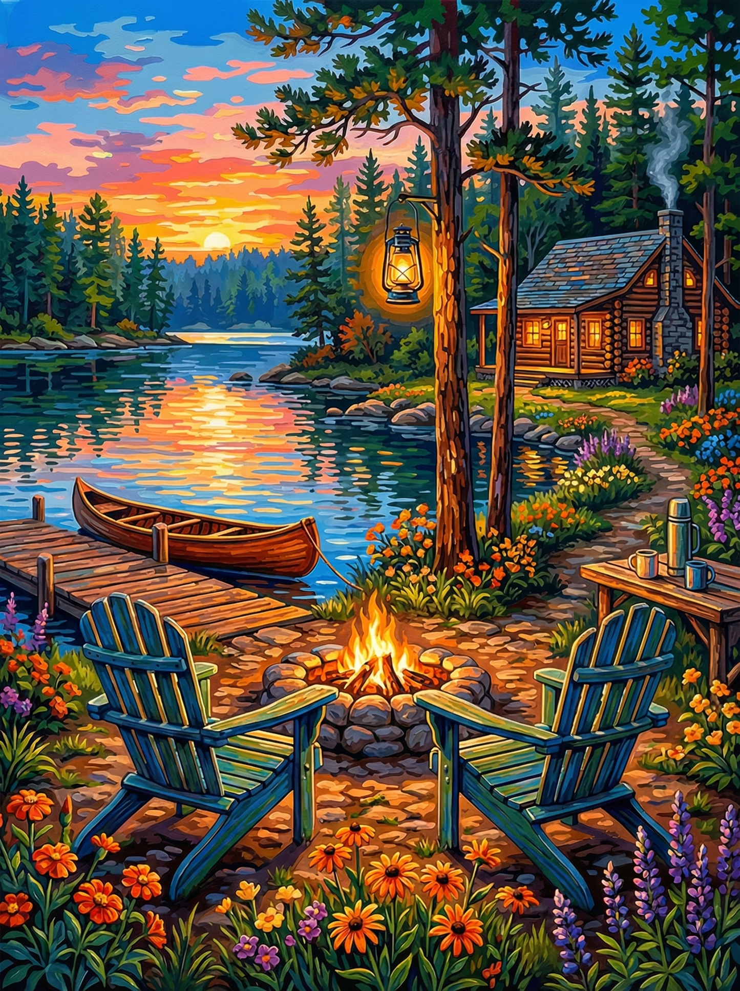 Lakeside Cabin Sunset (100 Color Diamond Painting)