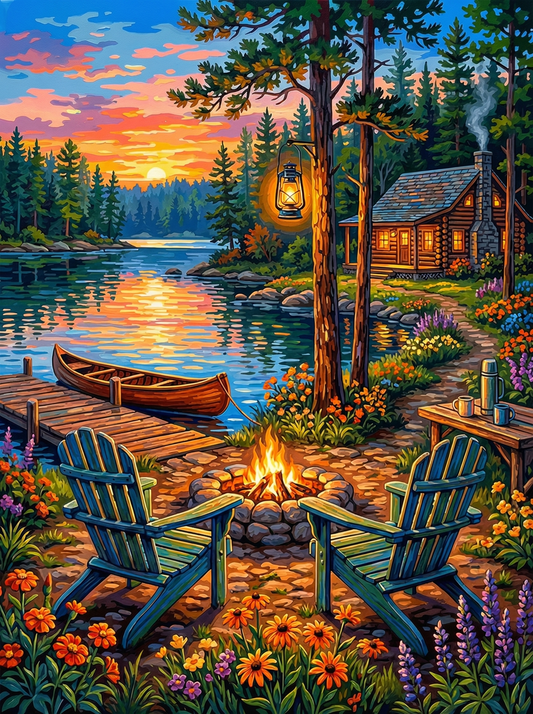 Lakeside Cabin Sunset (100 Color Diamond Painting)