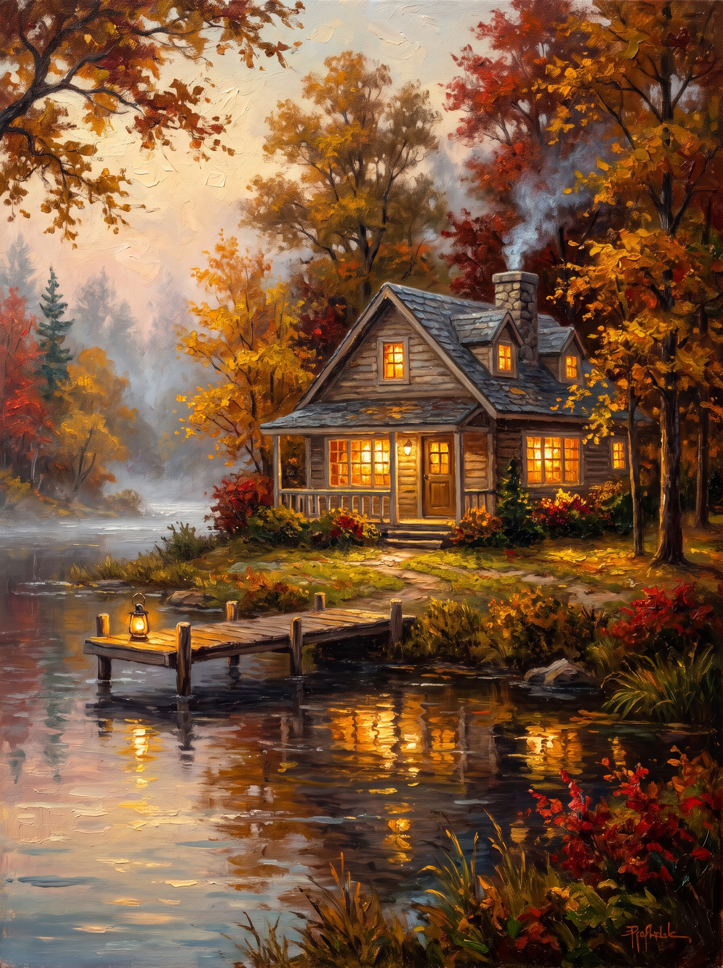 Lakeside Cottage Autumn Lanterns Dusk