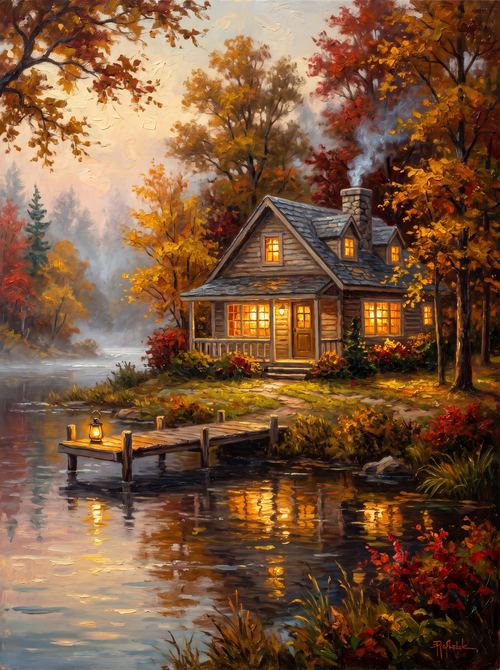Lakeside Cottage Autumn Lanterns Dusk