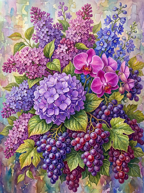 Lilac Hydrangea Grape Watercolor (Diamond Painting)