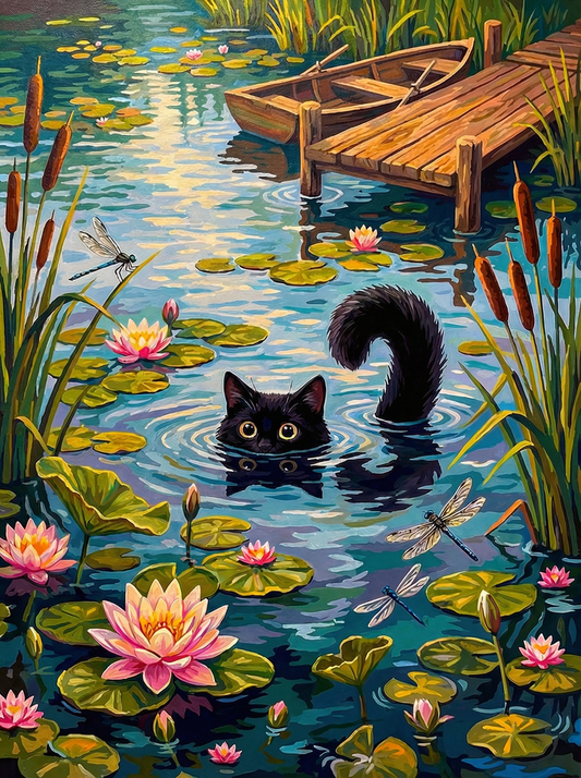 Lily Pond Swimming Cat (Diamond Painting)