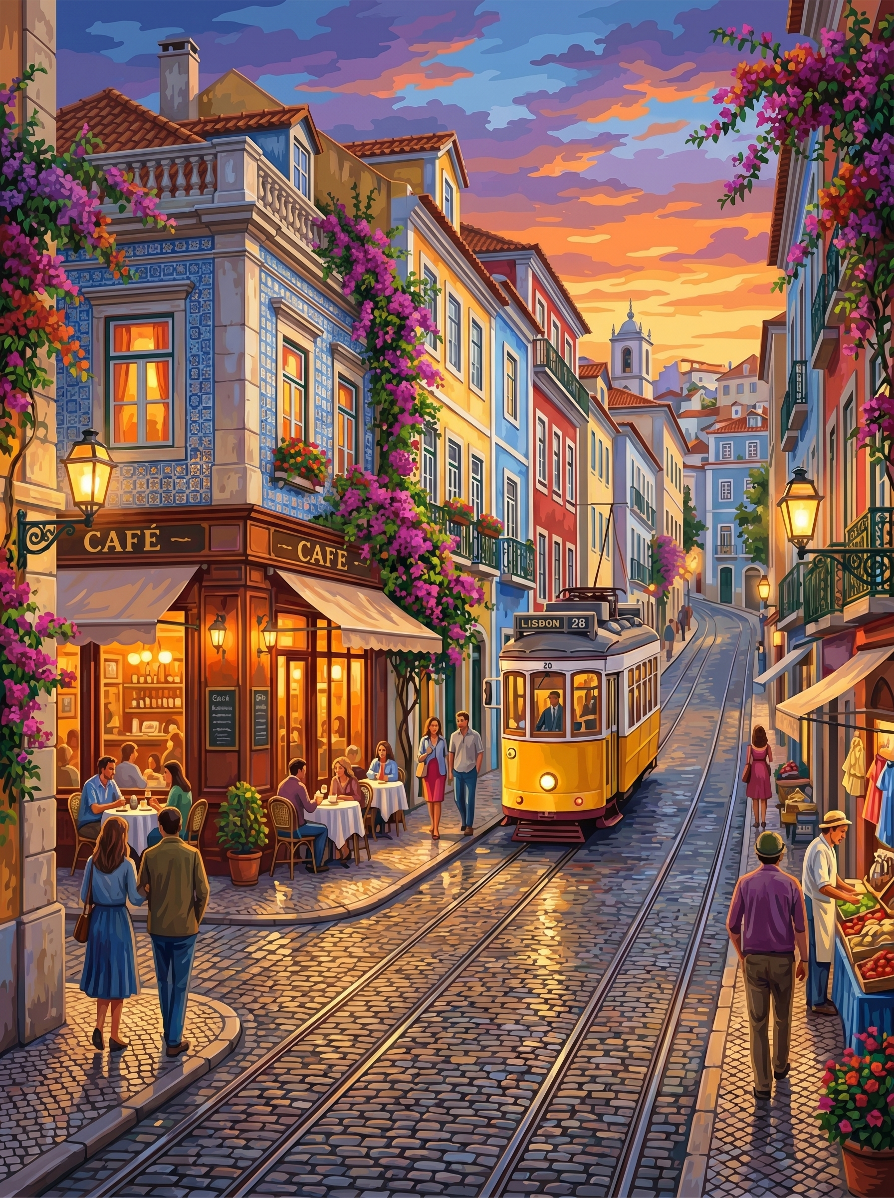 Lisbon Cafe Tram Evening (150 Color Diamond Painting)