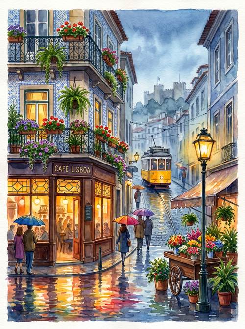 Lisbon Tram Rainy Café