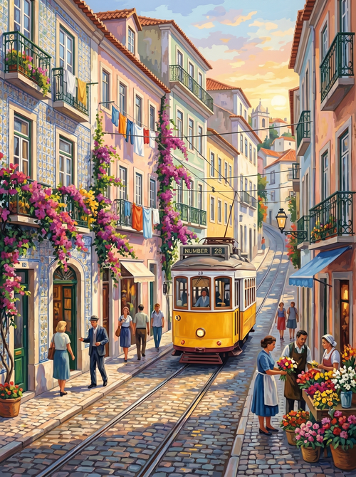 Lisbon Tram Street Golden (150 Color Diamond Painting)