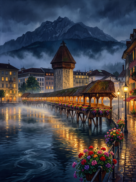 Chapel Bridge in Mist, Lucerne