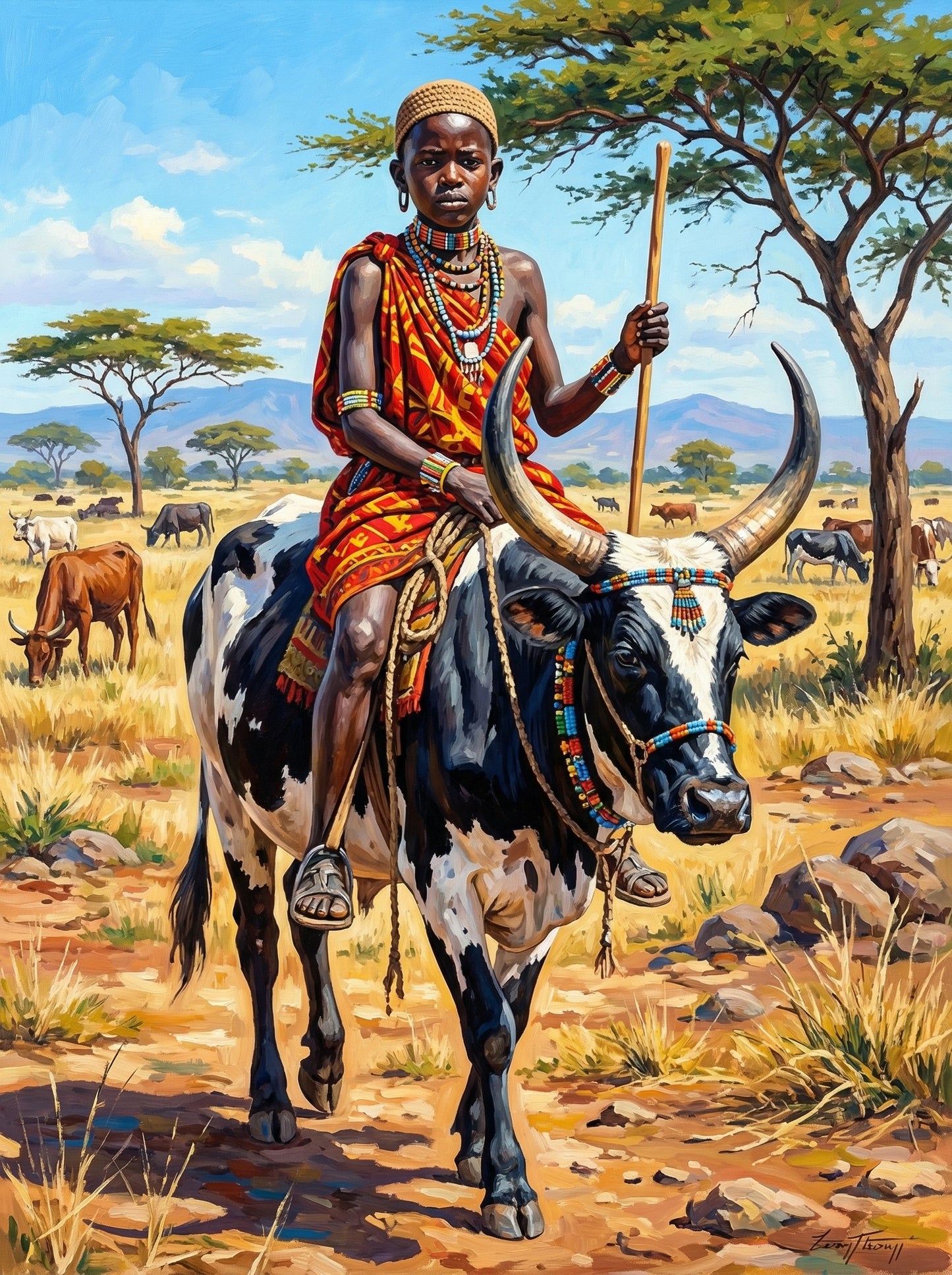 Maasai Warrior On Ox (100 Color Diamond Painting) Diamond Painting kit