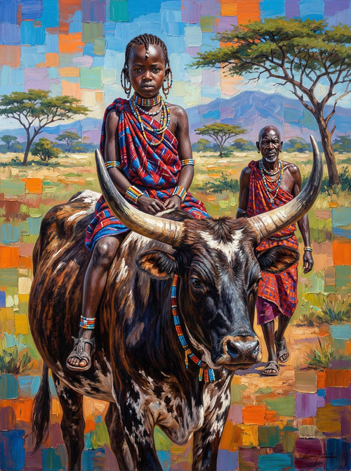 Maasai Child With Sacred Cow (100 Color Diamond Painting)