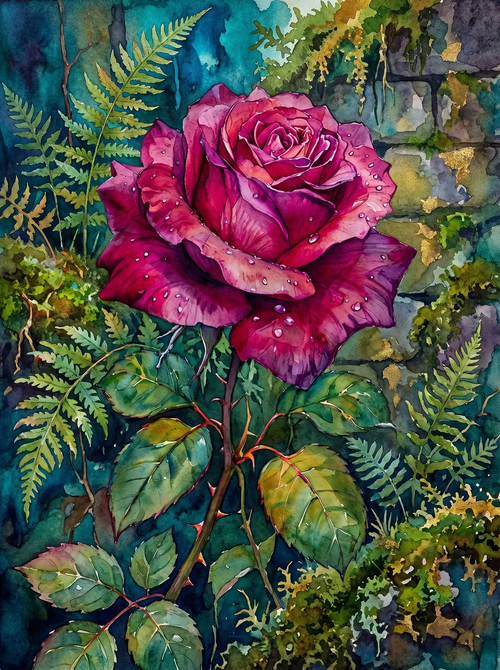 Magenta Rose Fern Wall Watercolor (Diamond Painting)
