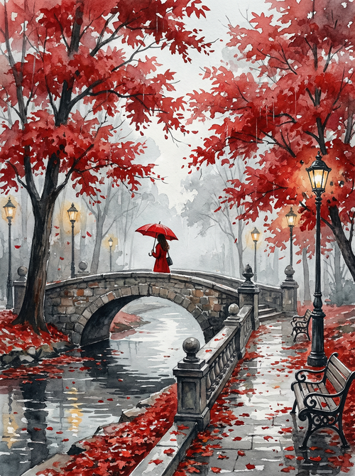 Crimson Bridge Rainwalk (Diamond Painting) Diamond Painting kit