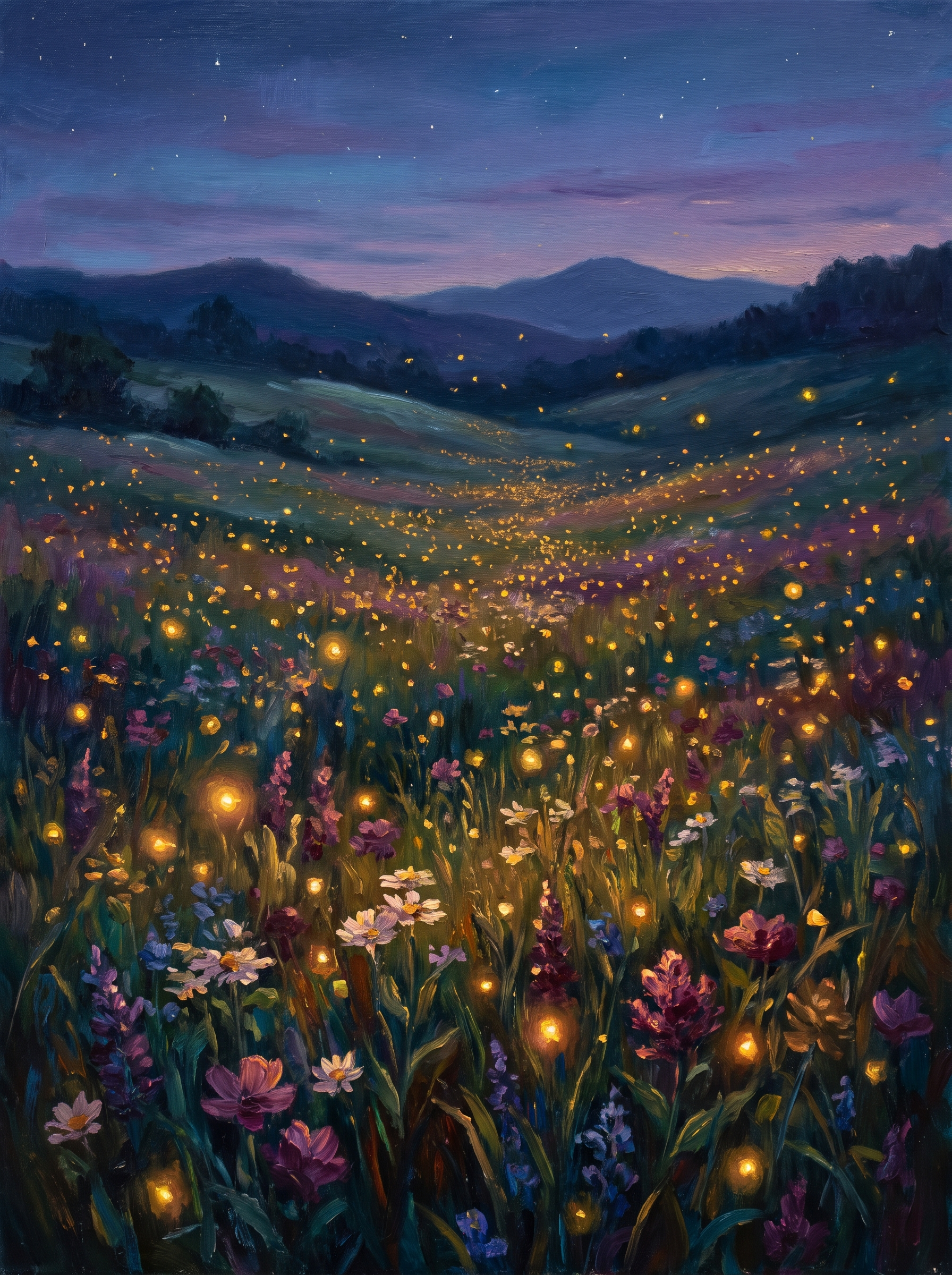 Meadow Fireflies Twilight Mountains