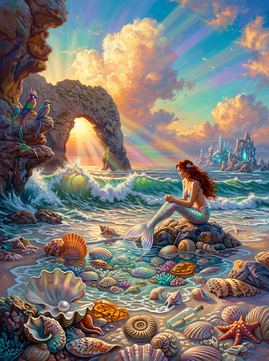 Mermaid Seashell Sunset Shore