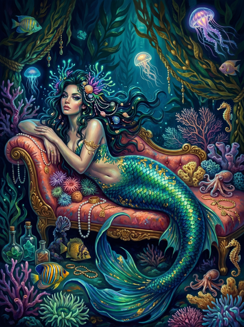 Mermaid Velvet Chaise Jellyfish (150 Color Diamond Painting)