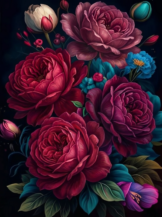 Midnight Peonies as Crimson Roses (Diamond Painting)