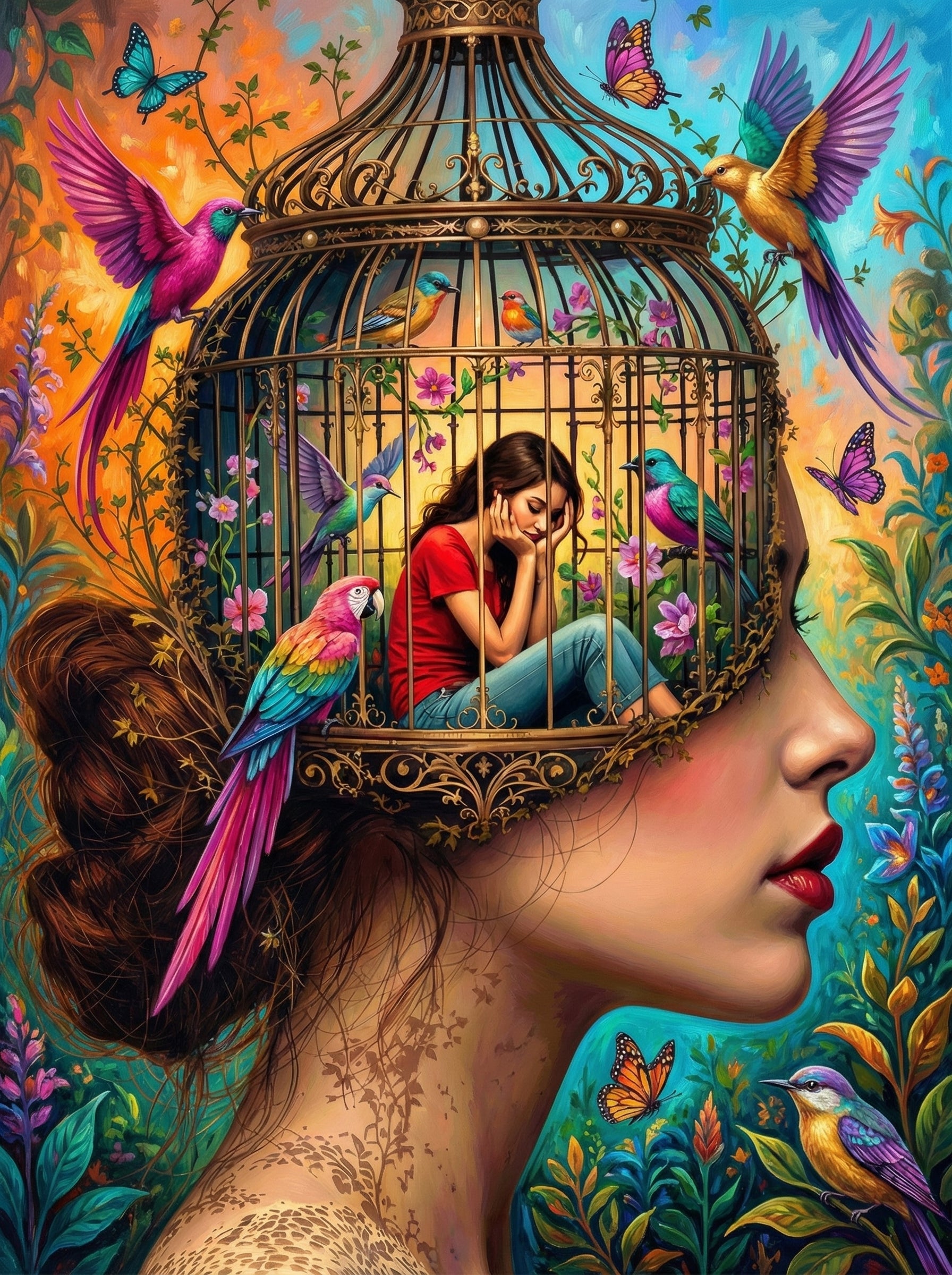Mind In Birdcage (100 Color Diamond Painting)