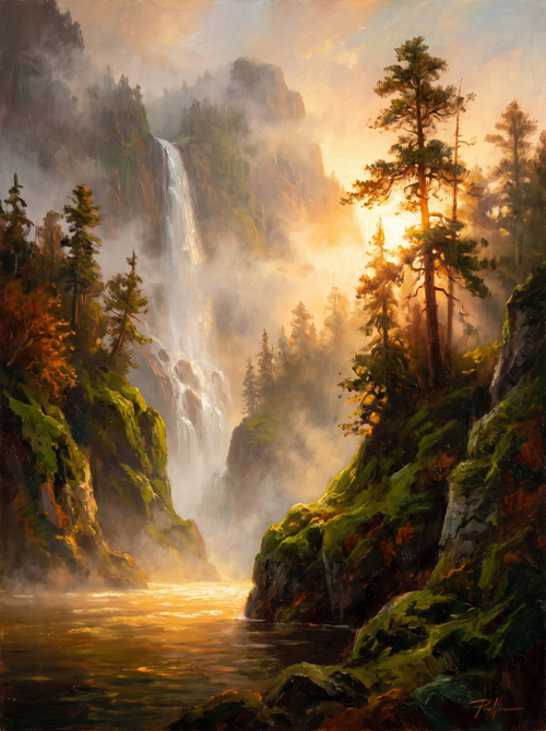 Misty Mountain Waterfall Sunrise