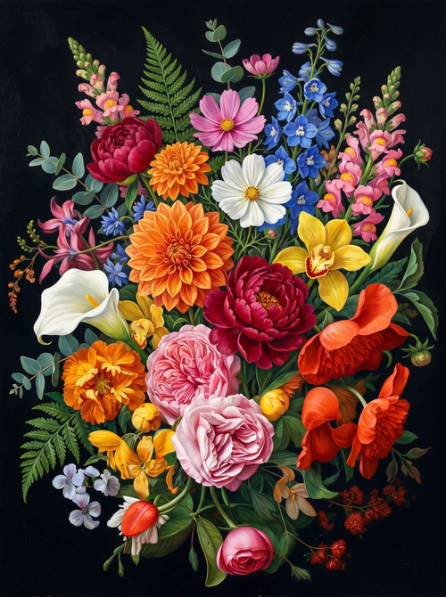 Mixed Bouquet Black Background (Diamond Painting)