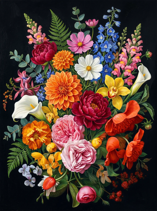 Mixed Bouquet Black Background (Diamond Painting)
