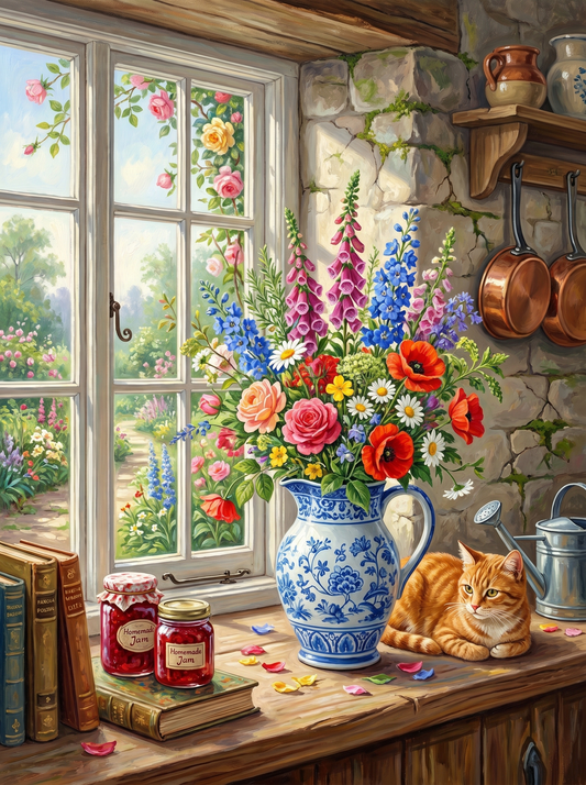 Mixed Bouquet Blue Vase Window (Diamond Painting)