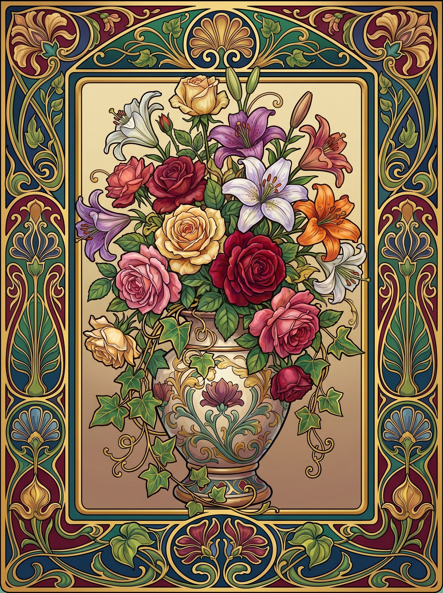 Mixed Rose Lily Vase Panel (80 Colors)