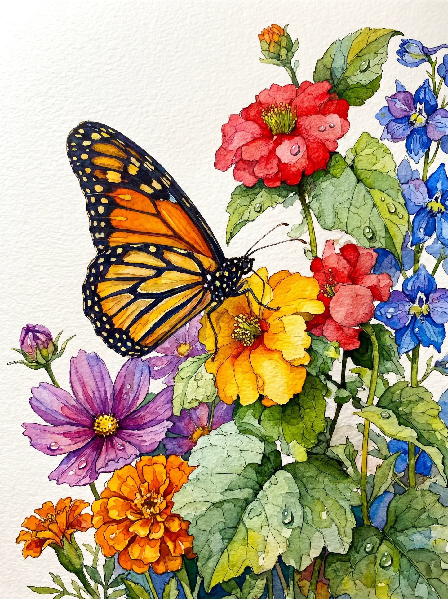 Monarch Butterfly Zinnia Watercolor (Diamond Painting)