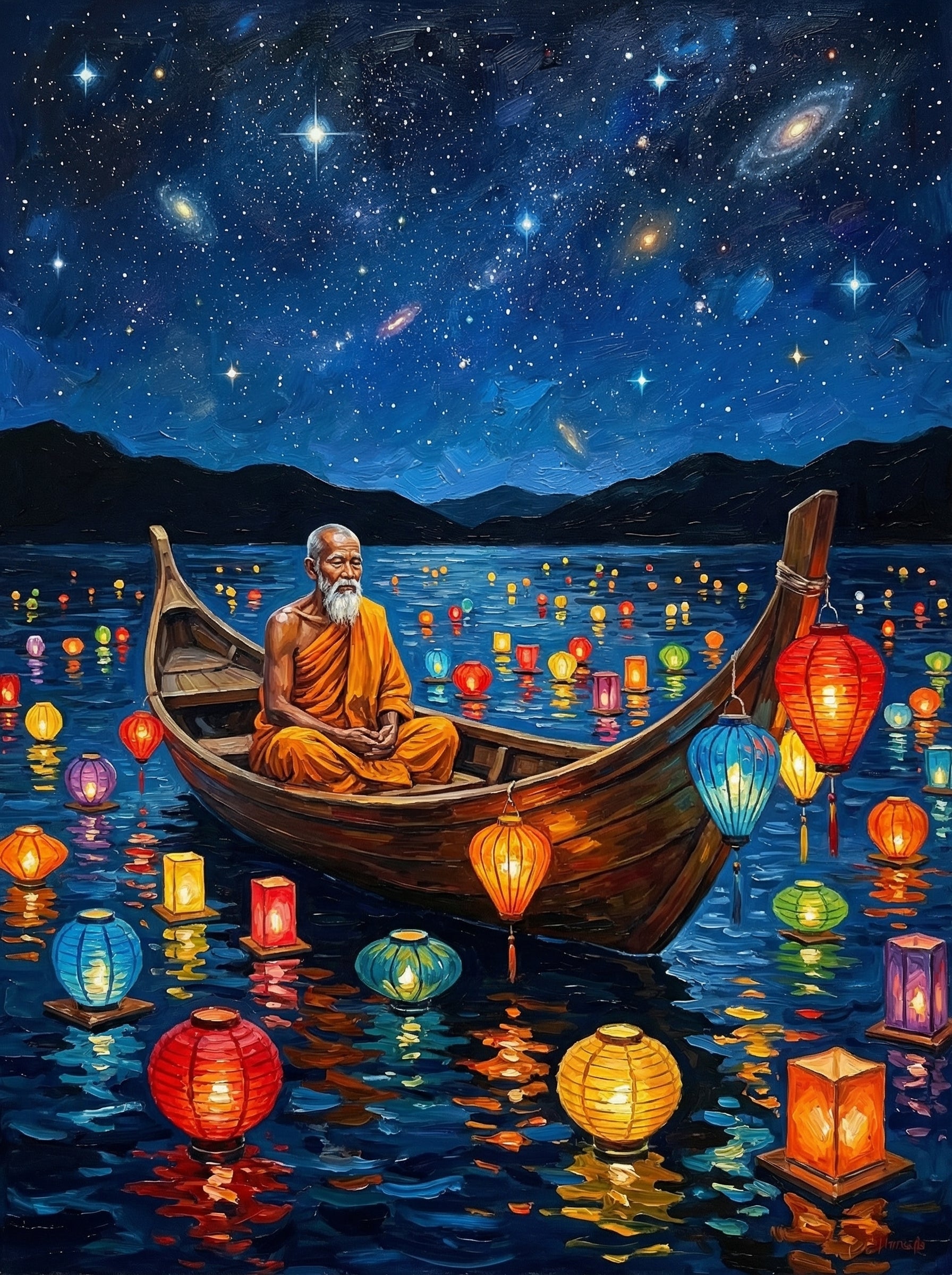 Monk In Glowing Boat (100 Color Diamond Painting) Diamond Painting kit