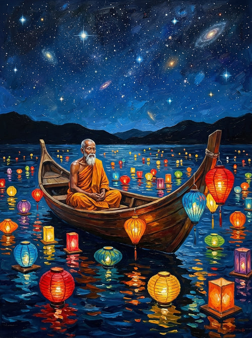 Monk In Glowing Boat (100 Color Diamond Painting) Diamond Painting kit