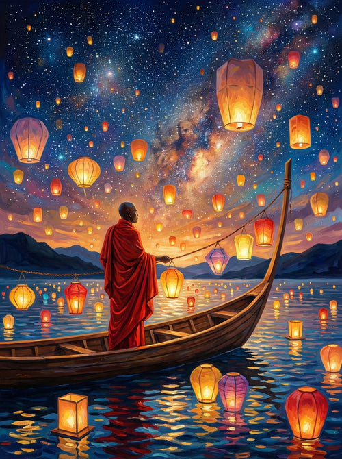 Monk With Floating Lanterns (100 Color Diamond Painting) Diamond Painting kit
