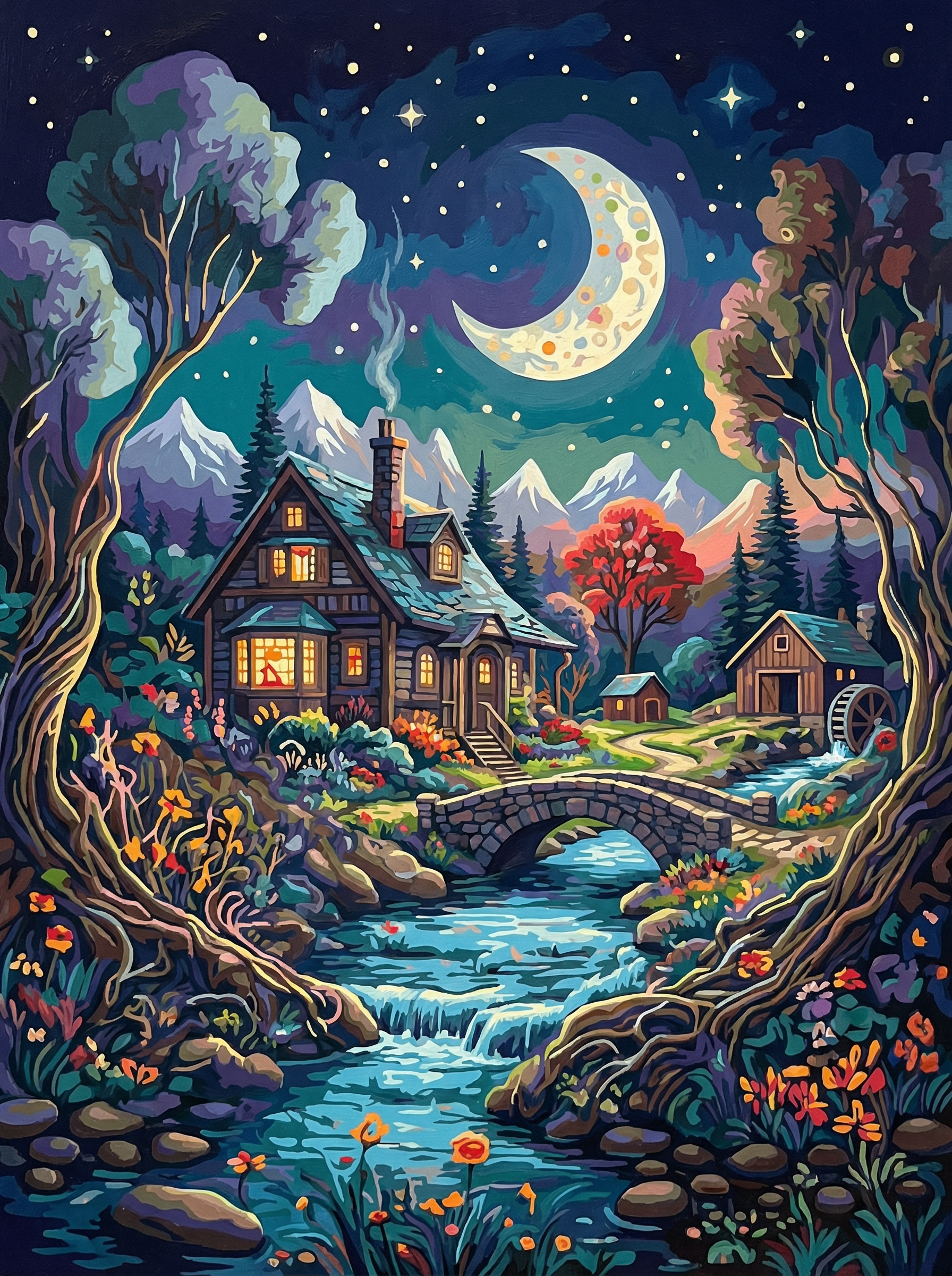 Moonlit Cottage Stream (100 Color Diamond Painting)