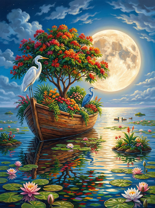 Moonlit Garden Herons (100 Color Diamond Painting)