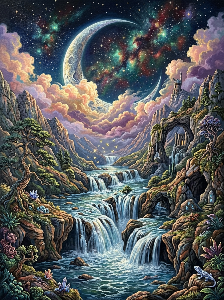 Moonlit Waterfall Fantasy Valley