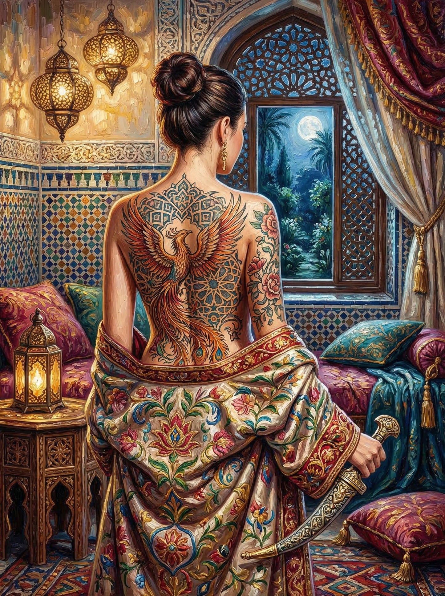 Moroccan Phoenix Tattoo Woman (100 Color Diamond Painting)