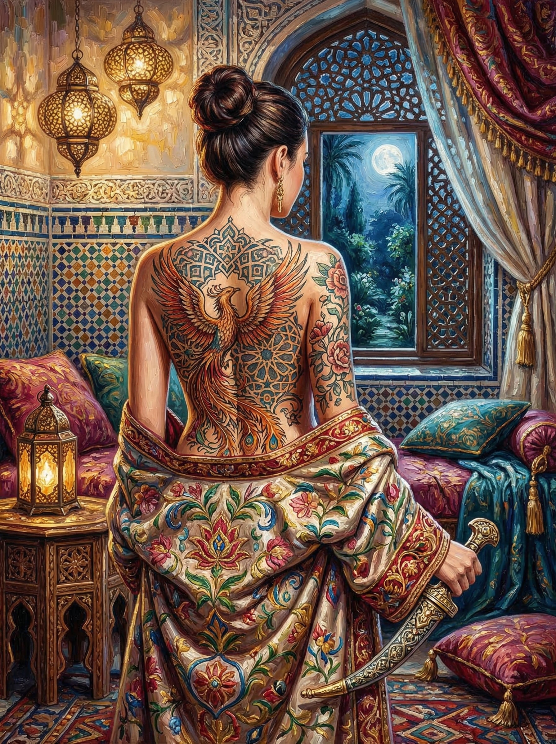 Moroccan Phoenix Tattoo Woman (100 Color Diamond Painting)