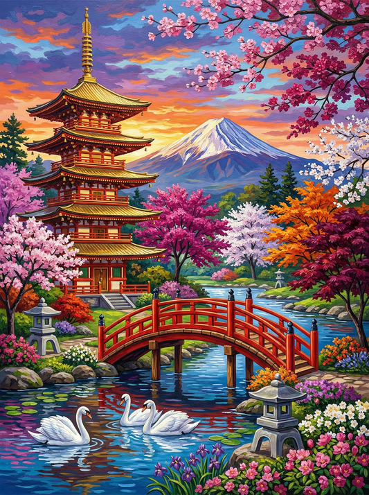 Mount Fuji Cherry Blossom Bridge (100 Color Diamond Painting)