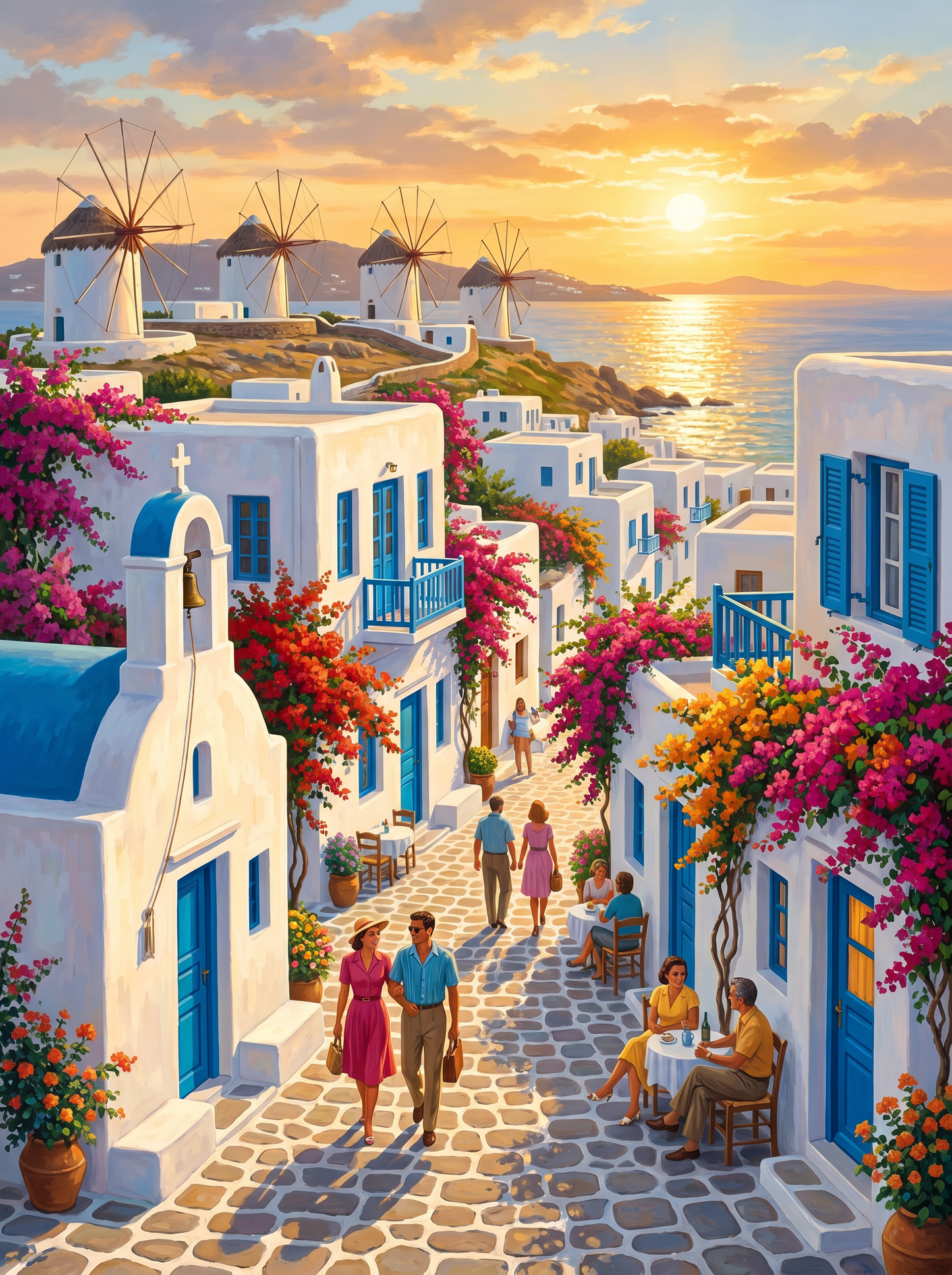 Mykonos Windmill Lane Sunset (150 Color Diamond Painting)