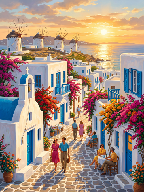 Mykonos Windmill Lane Sunset (150 Color Diamond Painting)